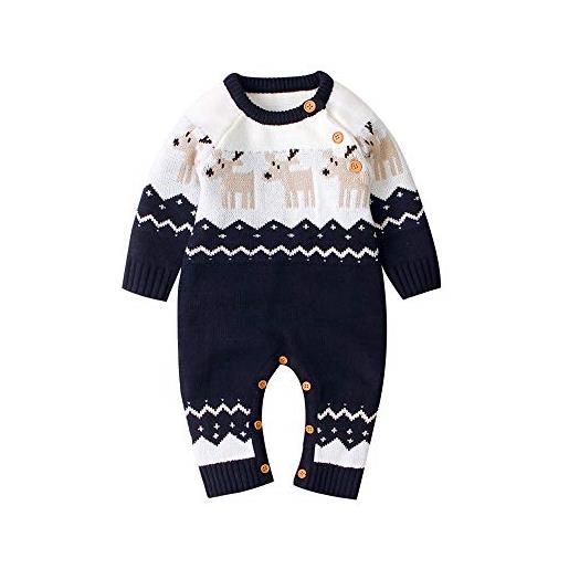 Zukmuk pagliaccetto neonato unisex invernale per natale jumpsuit lavorato a maglia maniche lunghe pigiama tute per bimbo 0-18 mesi (blu, 3-6 mesi, 80)