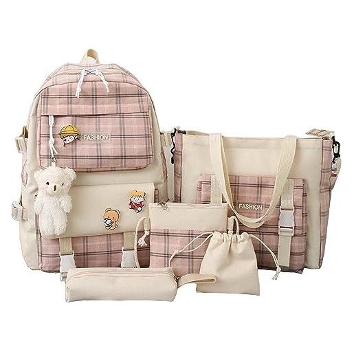 DRABEX 5 pcs set kawaii plaid backpack combo kit, with pin and bear pendant, cute children's backpack, handbag, tote bag, back to school supplies. (one size, light pink)