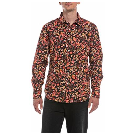 REPLAY camicia uomo manica lunga in cotone, multicolore (black with red print flowers 010), l