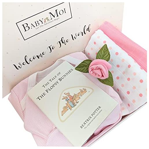 Rustic Robin set regalo per neonata con confezione regalo per vestiti e racconto di coniglietti con libro e calzini per neonati, regalo rosa