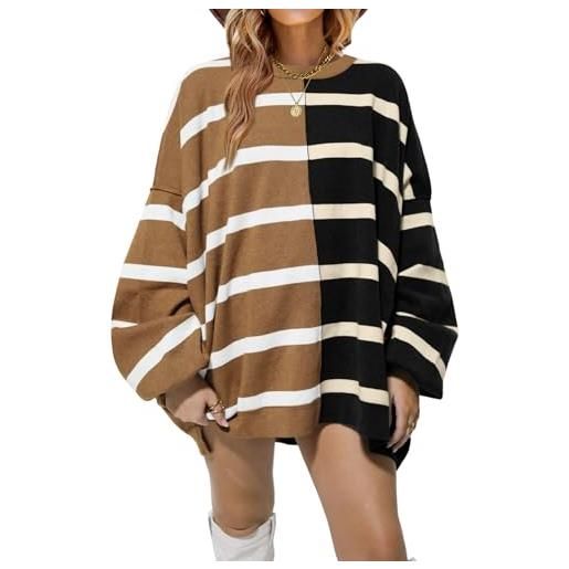 GeGekoko oversize maglione da donna invernale a strisce, scollo rotondo, a maniche lunghe, a maglia, colore casual, largo, elegante, per donne, marrone, l