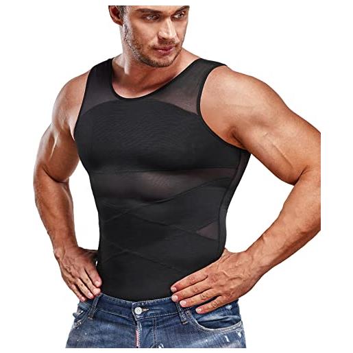 SOLCYSX camicia di compressione per gli uomini dimagrante undershirt corpo shaper canotta per gynomastica senza maniche shapewear gilet uomini, nero, m