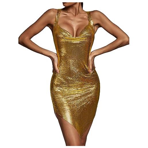 BELLA BARNETT mini abito aderente sexy con strass mesh backless club party dress profondo v mini abito oro metallo homecoming dress, oro, s