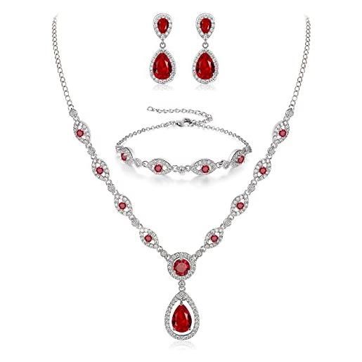 Clearine set di gioielli da sposa con zirconi cubici collana a y bracciale a catena orecchini pendenti colore rosso fondo argento