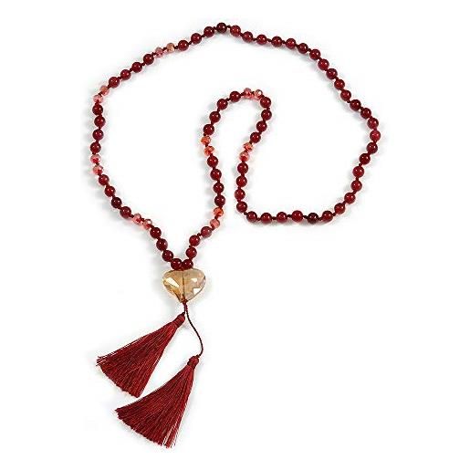 Avalaya borgogna agata rossa semipreziosa perla con pendente a forma di cuore di vetro/nappa di seta lunga collana/80cm l/ 11cm nappa, vetro