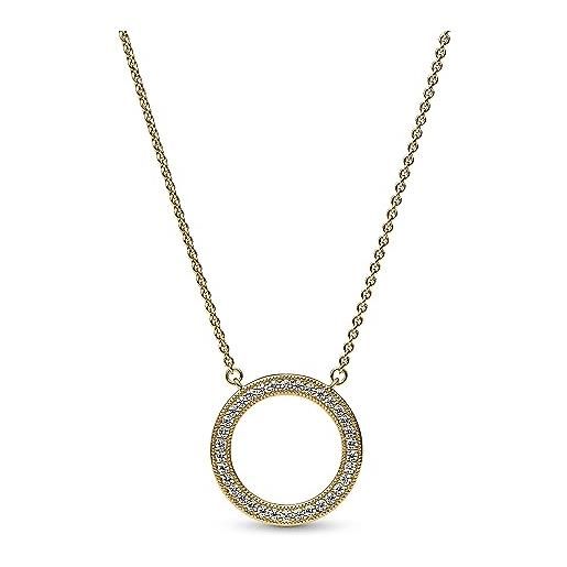 Pandora signature collana con pavé e cerchio con cuori placcata in oro 14k con zirconi cubici trasparenti, 45