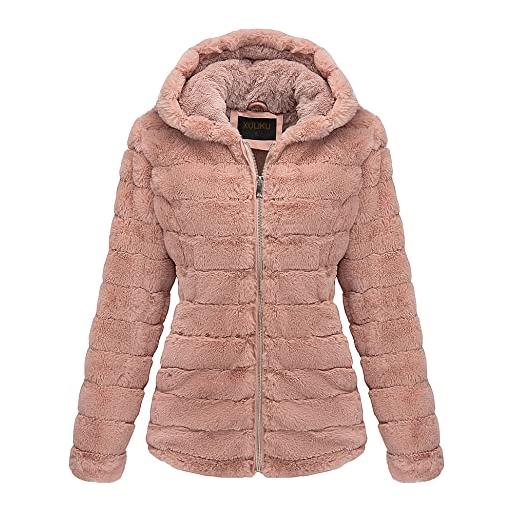 XULIKU giacca da donna in pelliccia sintetica con 2 tasche laterali con cuciture laterali, cappotto con cappuccio, caldo pile felpato, colore: rosa. , l