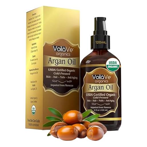 VoilaVe organic argan oil for hair & face - cold-pressed 100% pure moroccan argan oil - ecocert & usda certified organic - miracle beauty oil for skin, hair, & nails - convenient pump bottle - 4 fl oz. By VoilaVe
