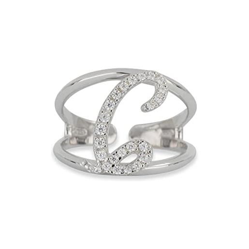 Artlinea, anello in argento 925 sterling, gioiello personalizzato con la lettera c corsiva, con pavé zirconi, retro aperto con misura regolabile 5-11, made in italy