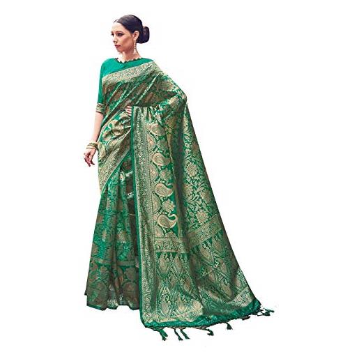 Elina fashion sarees per donna banarasi art sari tessuto di seta || sari indiano regalo di nozze con camicetta non cucita, verde oliva, taglia unica