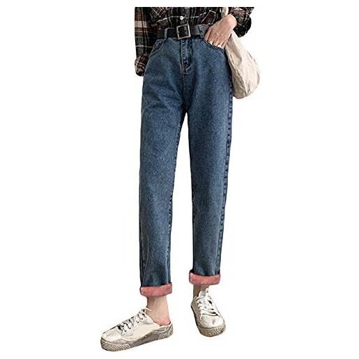 Minetom inverno jeans donna elastico vita alta sciolto confortevole caldo fodera in peluche denim pantaloni a gamba larga c albicocca xl