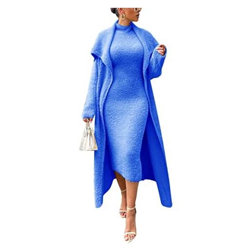 Onsoyours abito a collo alto donna set 2 pezzi vestiti invernali cardigan e gonna in maglia elegante vestito in peluche gonna aderente casual cocktail festa a blu m