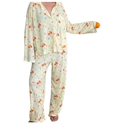 EsprAL set pigiama floreale da donna 2 pezzi, camicie e pantaloni abbottonati a maniche lunghe, set pigiama da donna con stampa di frutta (large, yellow)