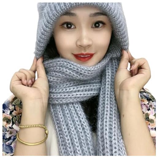 PSFS integrated ear protection windproof cap scarf, 2 in 1winter warm knitted hat scarf for women (gray, one size)