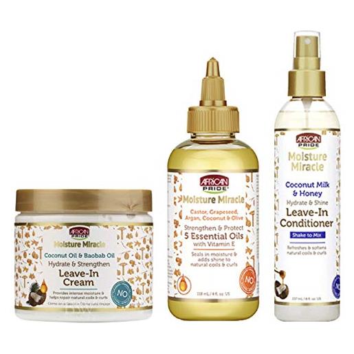 Sconosciuto african pride moisture miracle leave-in conditioner, leave-in cream and miracle 5 essentail oils for hair to strength & protect set, coconut oil, honey, chococlate, coconout oil and milk