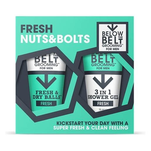 Below The Belt Grooming, fresh nuts & bolts gift set - includes fresh & dry balls and 3 in 1 shower gel - protects against sweat, odour and chafing, fresh scent