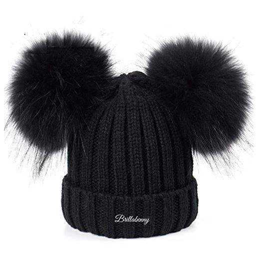 Brillabenny cappello pelliccia vera doppio pon pon nero ragazza donna cuffia berretto hat fur luxury neve sci inverno regalo natale