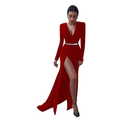 Generico abito donna lungo scollo v spacco alto cintura manica lunga elegante rosso/taglia unica