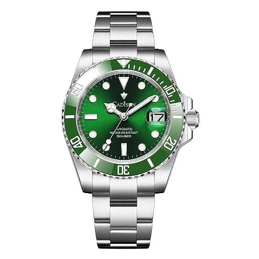 CADISEN orologio automatico da uomo con riserva di carica gmt in acciaio inox vetro zaffiro impermeabile orologio da polso orologi uomo, 8216 verde, bracciale