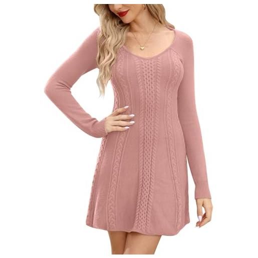 For G and PL abito da donna in maglia con scollo a v, invernale, caldo, a maniche lunghe, spesso, elastico, elegante, s-xxl, colore: rosa. , s