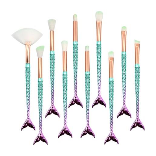Dolovemk, kit di pennelli da trucco a forma di coda di sirena (10 pezzi), in fibra sintetica kabuki, pennelli da trucco per fondotinta, fard, eyeliner, cipria, accessori di bellezza