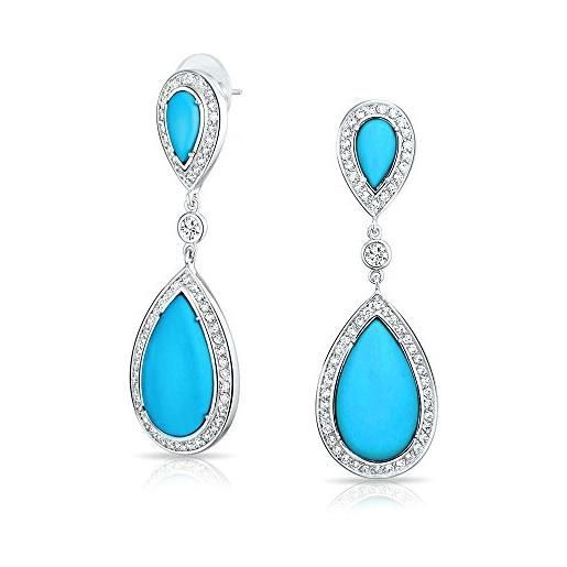 Bling Jewelry blu a forma di pera cz halo simulato turchese dichiarazione dangle lampadario orecchini a goccia per le donne placcato argento