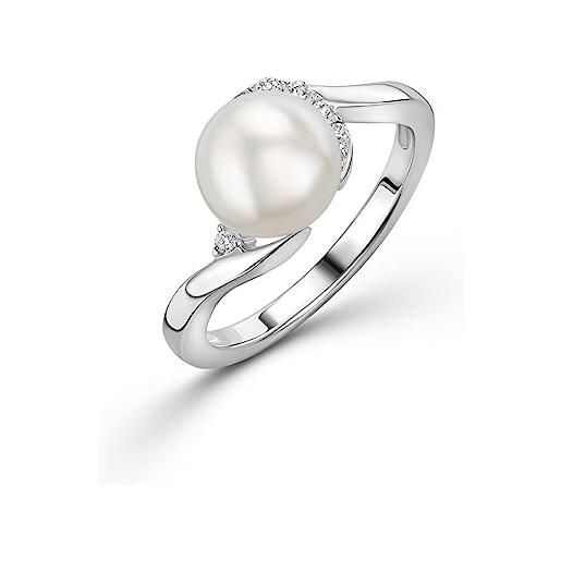 OROVI anello donna argento sterling 925 rodiato con perla coltivata d'acqua dolce mm 8,00 impreziosita da zirconi taglio brillante. Gioiello in argento solido anallergico. 