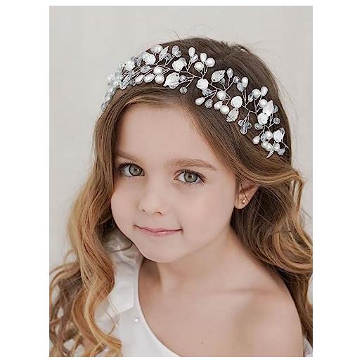 IYOU cerchietto per ragazza in fiore copricapo floreale argento con perle vite per capelli da sposa cristallo principessa comunione accessori per capelli matrimonio per bambini
