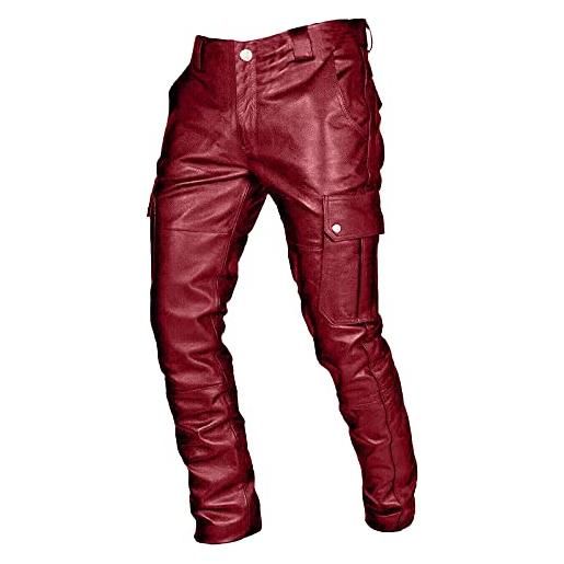 IQYU pantaloni in pelle da uomo, gonna punk, pantaloni da motociclista, in pelle, imbottiti, caldi, comodi, in pile, da trekking, colore: rosso, xl
