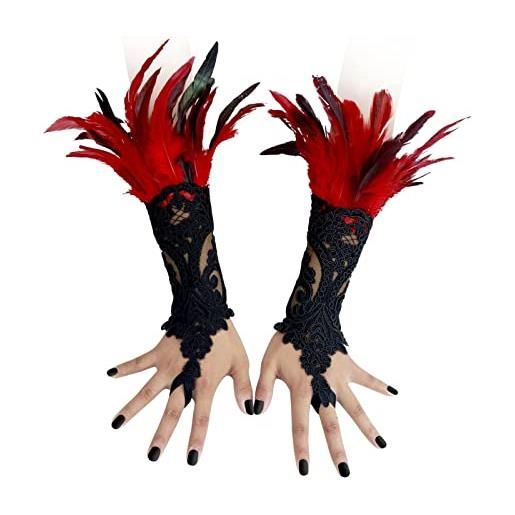 YUEMOL guanti pizzo guanti in pizzo di piume nere, guanti neri in pizzo ricamato con le dita con gancio di piume da ballo femminile (color: b, size: m)