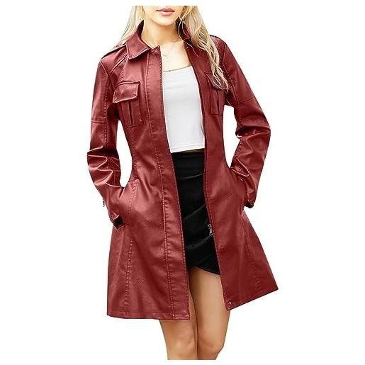 MaNMaNing trench lungo da donna in pelle cappotto lungo nero trench giacca da donna in pelle giacca a vento in pelle a maniche lunghe (red, m)