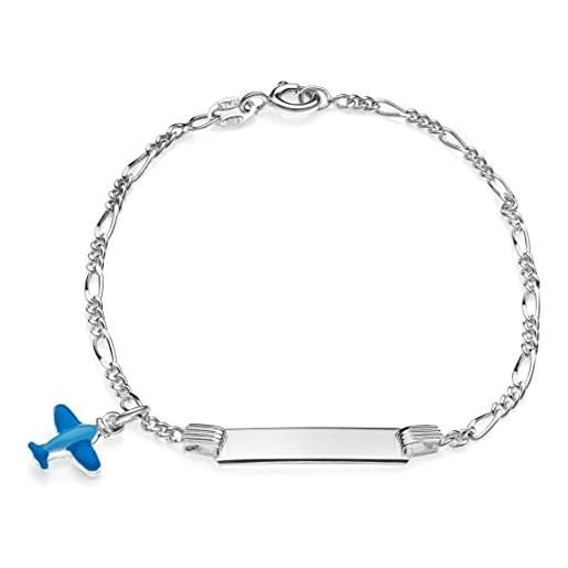Aka Gioielli® - bracciale targhetta identificativa bambino argento 925 con aereo azzurro smaltato, regalo comunione