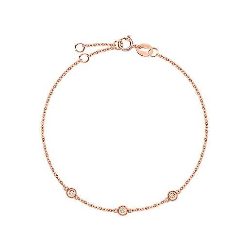 Carleen bracciale in oro rosa massiccio 18 carati incastonato rotondo con diamanti naturali 0,045 ct, delicato e minimalista, per donne e ragazze - lunghezza della catena: 18 + 4 cm