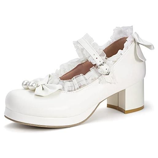 elerhythm mary jane - scarpe da donna con plateau e tacco largo, carino, per cosplay, kawaii, con fiocco, in pizzo, con lacci incrociati, punta rotonda e cinturino alla caviglia, rosa 1, 38 eu