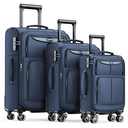 SHOWKOO set valige morbide 3 pezzi espandibile cabina valigia da viaggio trolley di stoffa leggero ultra durevole con lucchetto tsa e 4 ruote doppie (m-l-xl, blu)