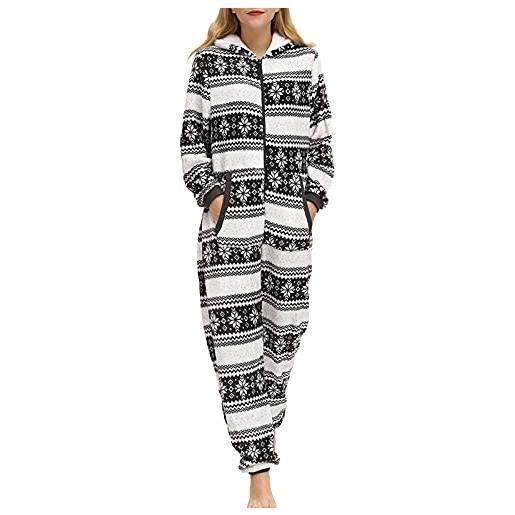 Qtinghua women's onesies flannel hoodie pajama long sleeve zipper up jumpsuit warm christmas sleepwear pjs set (black snowflake, small)