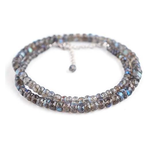 Gemsworld007 collana in labradorite con perle naturali blu, con pietre preziose, regalo per donne, pietre portafortuna e cristalli curativi, catenina placcata in argento, 45,7 cm, 4-6 mm, rondelle sfaccettate
