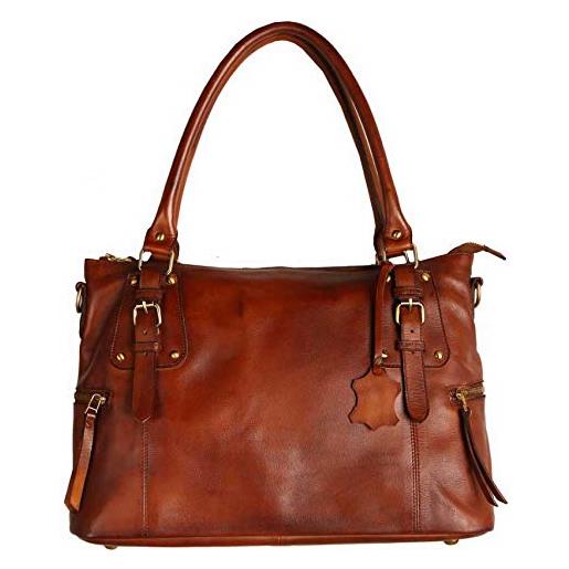 Superior Leather - donna vera pelle borsa a tracolla pieno fiore vera pelle cognac slg-2, cognac, medium