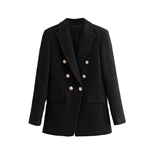 CABULE blazer a quadri in tweed doppio petto vintage manica lunga tasca cappotto da donna chic-black, s