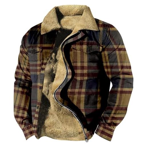 Duohropke giacca foderata da uomo con stampa a quadri, fodera in pile, con tasche, giacca invernale con chiusura lampo, calda in pile teddy, giacca da cowboy streetwear, marrone, m