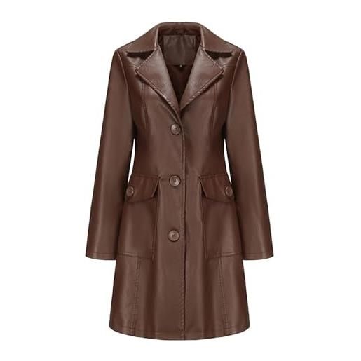 babao donne in pelle trench coat giacca monopetto marrone cappotto lungo in ecopelle, s-3xl