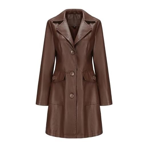 babao donne in pelle trench coat giacca monopetto marrone cappotto lungo in ecopelle, s-3xl