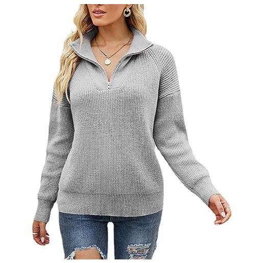 Ausla maglione da donna con zip a un quarto, maglione a maniche lunghe lavorato a maglia, colletto rovesciato, maglione lavorato a maglia ampio (s)