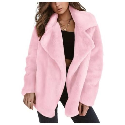 kenly moss cappotto lungo in pelliccia da donna giacca con risvolto soffice cappotto midi lungo in morbida pelliccia cappotto caldo casual e ampio top da donna elegante gilet da donna, rosa, m