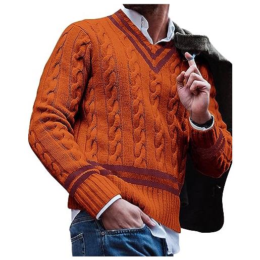 FEOYA maglione da uomo con motivo a treccia, scollo a v, a maniche lunghe, slim fit, autunno, inverno, maglieria, giallo. , xl