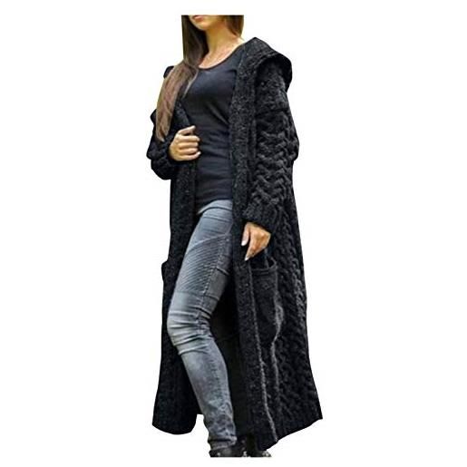 IQYU jace - giacca lunga da donna per le mezze stagioni, da donna, lunga, taglie grandi, elegante, a maglia grossa, con cappuccio, giacca invernale aperta sul davanti, cardigan, cardigan, nero , xl