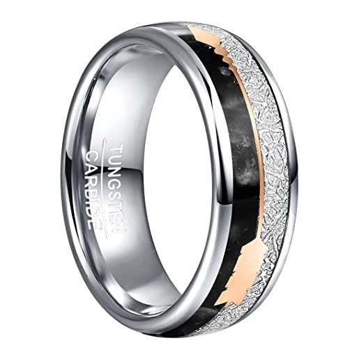 TUNGSTORY 8mm anello in carburo di tungsteno imitazione meteorite fedi nuziali con agata nera freccia oro rosa anello nuziale design a cupola per uomo donna taglia 15
