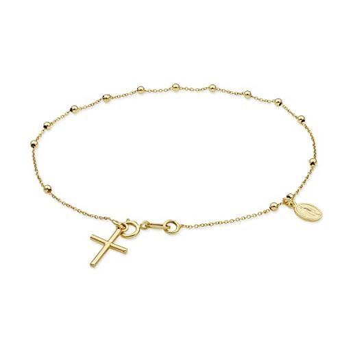 MIORE bracciale rosario in oro giallo 9 carati 375, croce d'oro con grani e madonna, bracciale religioso, catena forzatina da 18 cm, chiusura a molla