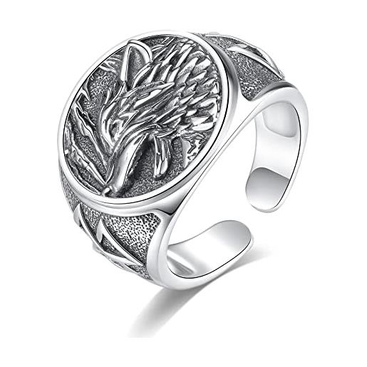 EUDORA Harmony Ball anello lupo in argento sterling per uomo, amuleto regolabile anello a fascia aperto vichingo energia, gioielli vintage per la festa del papà per marito figlio fidanzato