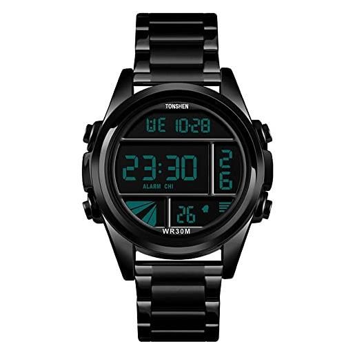 TONSHEN uomo fashion acciaio inossidabile digitale orologio led elettronico allarme cronometro controluce casual moda orologi da polso (nero)